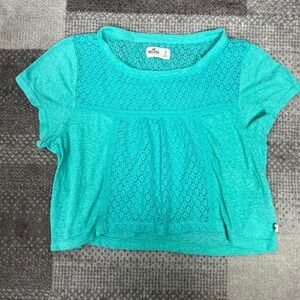 Hollister Womens Cropped Lace Trim T Shirt Mint Green Size Small Baby Doll